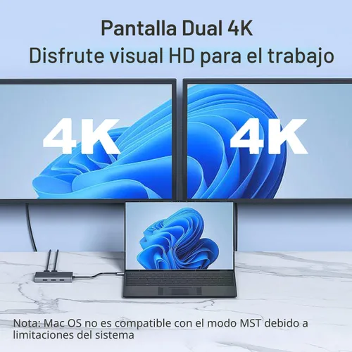 Vista 4 de Adaptador USB C Hub Dual 4K@60Hz USB C para Dell HP, 100W PD USB C Splitter
