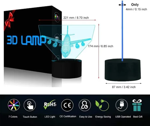 Vista 7 de Lámpara de ilusión de avión 3D con luz nocturna de avión con 7 colores cambiantes, control táctil con cable USB, LED, juguete de combate, lámparas