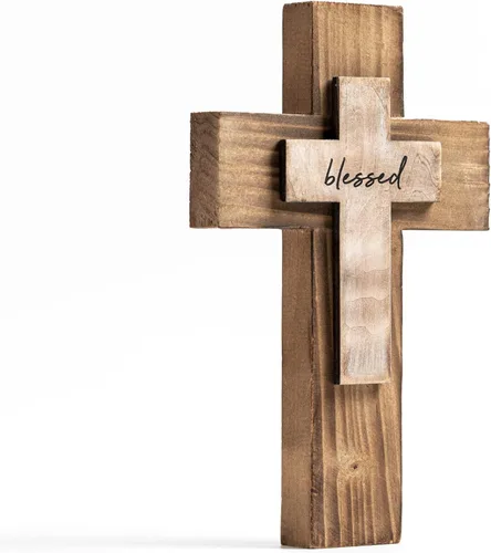 OKSQW Cruz de pared de madera cristiana espiritual Cruz religiosa Regalos con gancho para colgar en la pared o mesa con bendita para la iglesia,