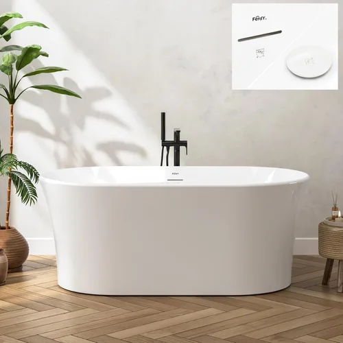 Vista 24 de FerdY Tahití - Bañera de acrílico independiente de 55 pulgadas, elegante bañera de remojo de forma ovalada, blanco brillante, drenaje dorado