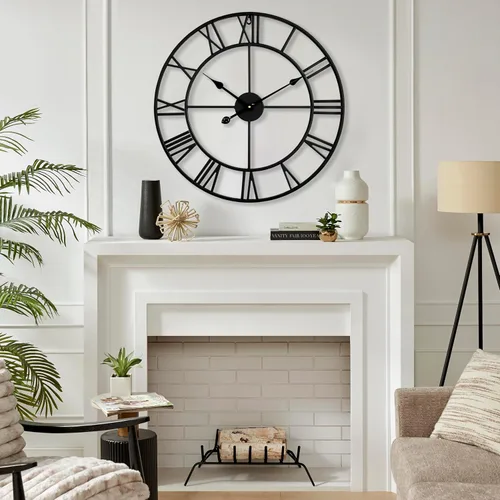 Vista 7 de CLXEAST Relojes de pared de 24 pulgadas para decoración de sala de estar, reloj de pared grande de metal negro que funciona con pilas Número arábigo