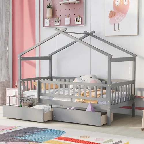Vista 13 de Cama de madera de tamaño individual con dos cajones y techo, cama de plataforma con 2 cabeceros, para dormitorio de niños, adolescentes, niñas