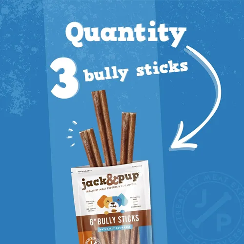 Vista 4 de Jack&Pup Bully Sticks Jumbo de 6 pulgadas para perros (paquete de 3) Palitos de perro de un solo ingrediente para perros grandes y masticadores