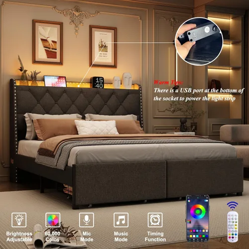 Vista 3 de Base de cama tamaño queen con cabecera de almacenamiento y 2 cajones, base de cama tapizada de lino con luces LED y estación de carga, no necesita