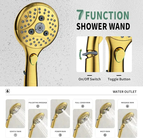 Vista 4 de Suncleanse Juego de grifos de ducha dorados, cabezal de ducha de lluvia de 8.5 pulgadas con sistema completo de ducha de mano de 7 ajustes