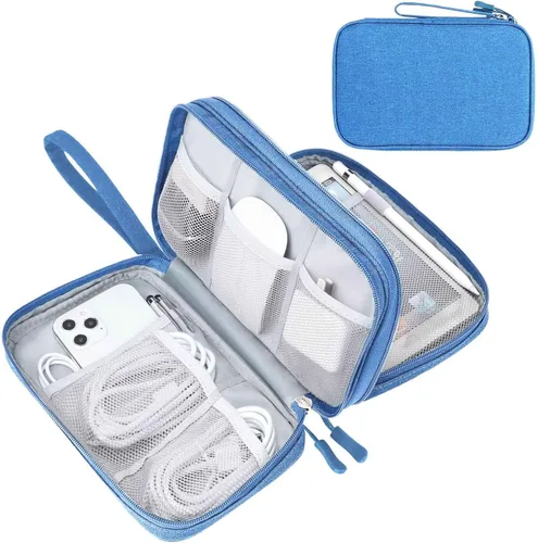 Vista 24 de FYY Organizador para cosas electrónicas, para viajes, para cables, celular y auriculares, estuche portátil, impermeable, doble capa, bolsa de Rosa