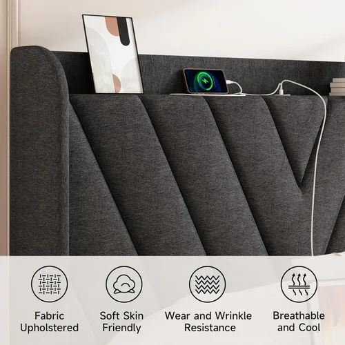 Vista 83 de koorlian Base de cama Queen con cabecero, base de cama tapizada ajustable con puertos tipo C y USB, cabecera de almacenamiento con respaldo de ala