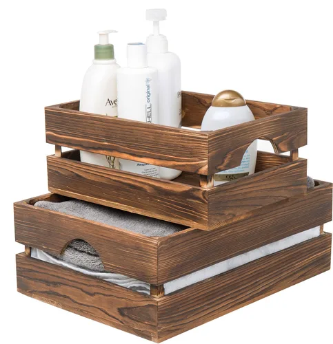 Vista 5 de MyGift Caja organizadora de almacenamiento rústica de madera maciza marrón oscuro con asa, 3 piezas de varios tamaños decorativos