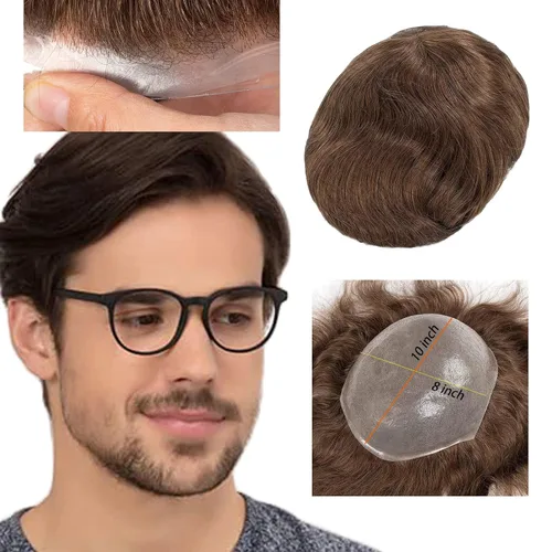 Vista 9 de Toupee para hombres 100% cabello humano real para hombre, piezas de cabello de 0.002 in con bucle en V, suave, súper delgada, con sistema de #1B30