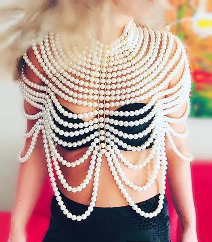 Vista 9 de Collar de chal de cadena de cuerpo de perlas, sujetador de perlas, cadena de hombro con cuentas sin espalda, cadenas en el pecho, traje rave