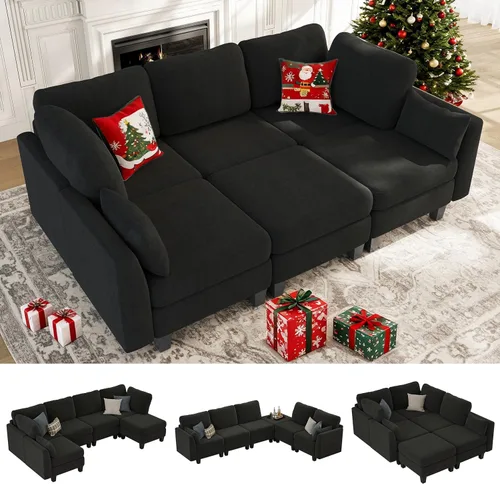 Vista 11 de Sofá cama seccional, sofá modular de 6 plazas, cómodo sofá cama seccional, sofás convertibles con otomanas, sofás modulares seccionales para sala