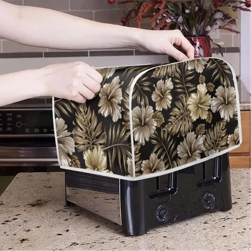Vista 2 de FKELYI Black Hibiscus Floral Hawaiian Toaster Cover 2 Slice,Small Kitchen Appliance Microwave Bread Maker Dust and Fingerprint Protection