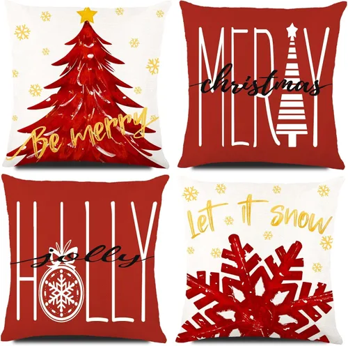 Vista 10 de DIYDEC - 4 fundas de almohada de Navidad de 18 x 18 pulgadas, fundas de almohada de invierno con diseño de árbol de Navidad, sombrero de árbol