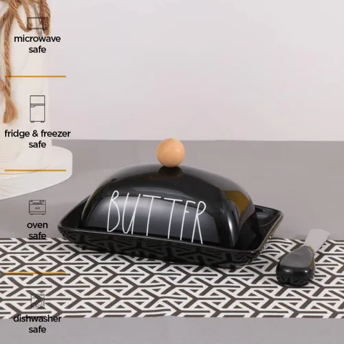 Vista 5 de oskas Mantequillera negra de porcelana de granja con tapa y cuchillo para encimera