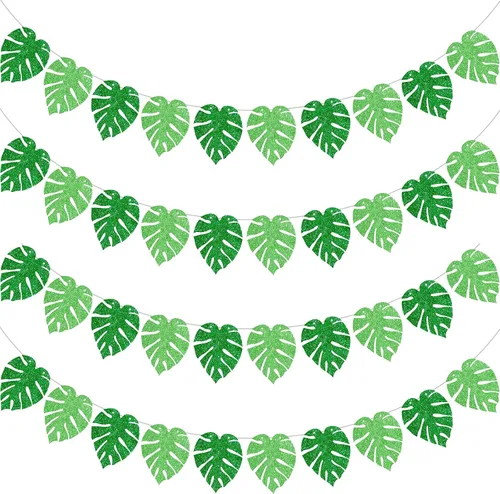 Sumind 4 guirnaldas de hojas tropicales hawaianas Luau, decoraciones con purpurina de hojas de domingo de palmeras para cumpleaños, suministros de