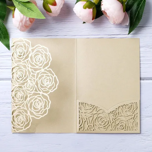 Vista 12 de 20 unidades de bolsillo para tarjetas de invitaciones de boda cortadas con láser con sobre para fiesta de cumpleaños, invitaciones de baby o novia
