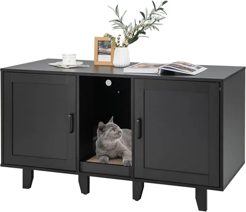 PETSITE Caja de arena para 2 cajas de arena, mesa auxiliar oculta para baño de gatos con 2 gabinetes, tabla de rascar, muebles de arena para gatos