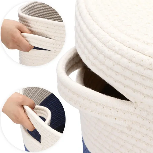 Vista 4 de Sea Team Cesta de almacenamiento tejida de cuerda de algodón de gran tamaño con tapa, cesta de lavandería con tapa con asas, cubo de tela con tapa
