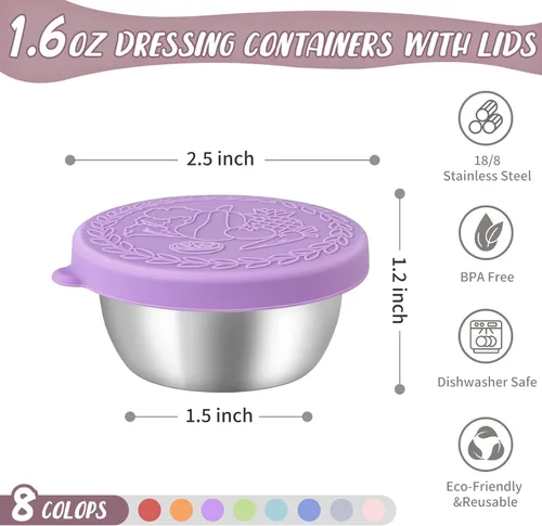 Vista 2 de SANEXC Paquete de 8 - Recipientes pequeños de 1.6 oz para aderezo de ensalada para llevar, recipientes de condimentos a prueba de fugas con tapas