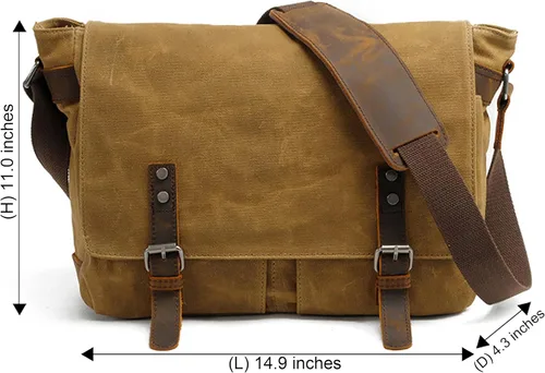 Vista 2 de HuaChen Mens Messenger Bag, Vintage Genuine Leather Waxed Canvas Shoulder Bag for 14" Laptop,Rugged Briefcase Satchel
