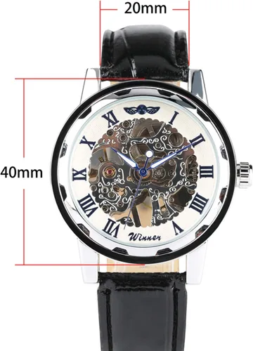 Vista 5 de Vavna Clásico de los hombres de cuero Esqueleto mecánico deporte ejército reloj, Oro, Mecánico