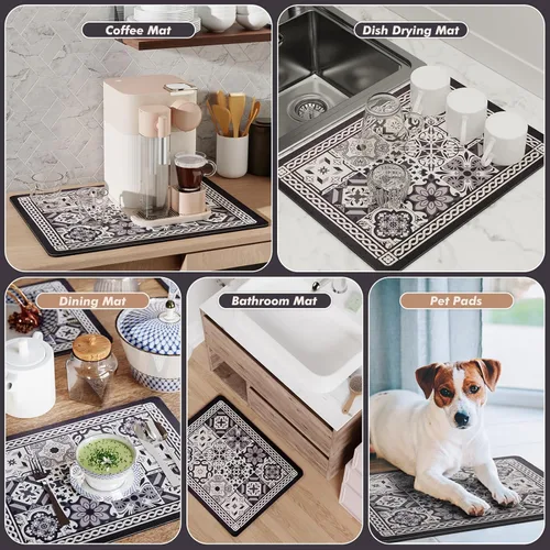Vista 7 de Tapete de Café, Tapete de Secado de Platos Estilo Bohemio, Absorción Rápida de Agua, Oculta Manchas, Fácil de Limpiar, Se Adapta a Accesorios