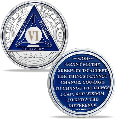 Vista 17 de Juego de monedas de sobriedad triangulares originales de 1 año Medallón AA de número romano plateado con cápsula protectora Ficha de aniversario