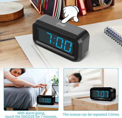 Vista 5 de KWANWA Reloj Despertador, Reloj Digital, Pantalla Constantemente de Dígitos LED Azules de 1.2'', Funciona con Baterías, Repetición, Reloj de Pared
