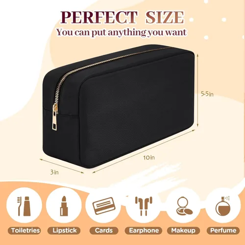 Vista 6 de Bolsa de maquillaje grande de nailon, bolsas de maquillaje de viaje para mujeres, lindo bolso cosmético con cremallera, Negro -, Moda