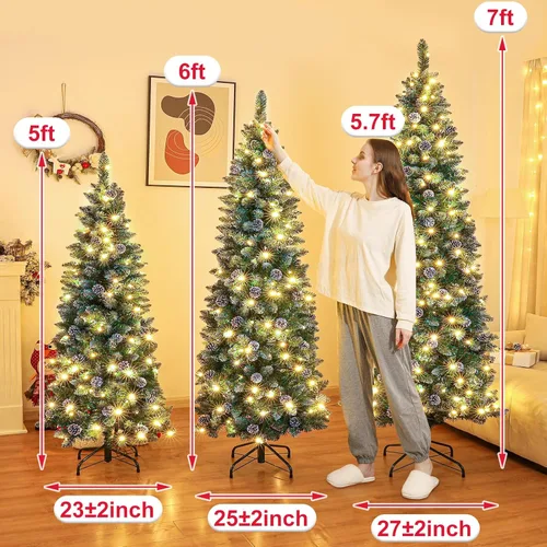 Vista 4 de Homde Árbol de Navidad artificial preiluminado de 6 pies con cono de pino de nieve flocado, 160 luces blancas cálidas, decoración navideña
