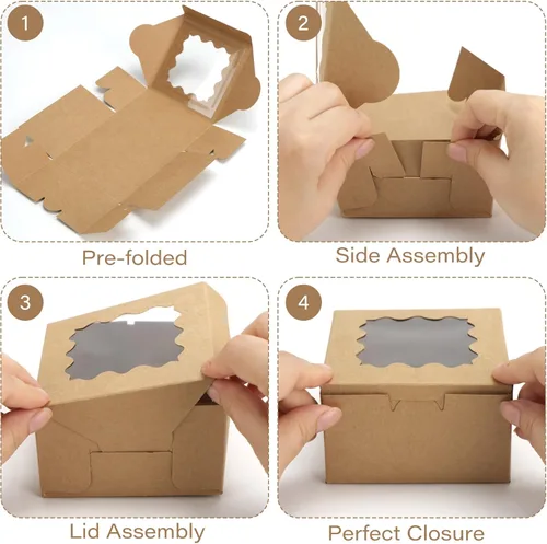 Vista 4 de LotFancy 60 cajas de panadería marrones con ventana, 4 x 4 x 2.5 pulgadas, cajas pequeñas para galletas, mini cajas de golosinas para mini pasteles