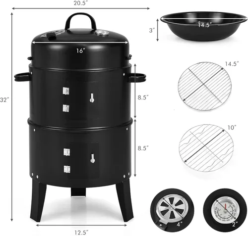 Vista 8 de HAPPYGRILL Parrilla ahumadora de carbón 3 en 1, ahumador vertical de carbón al aire libre con termómetro integrado y sistema de ventilación