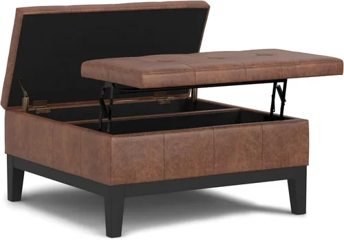 Vista 26 de SIMPLIHOME Dover Storage - Banco otomano rectangular tapizado de cuero vegano de 36 pulgadas de ancho en marrón chocolate, banco contemporáneo