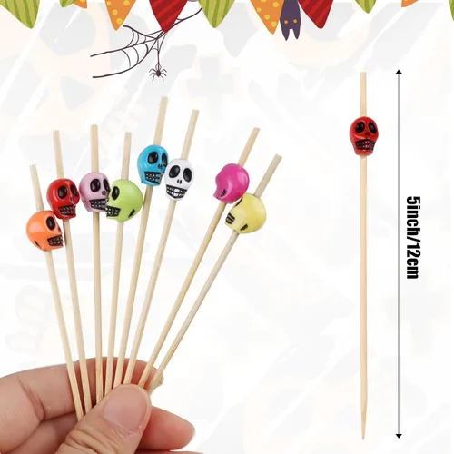 Vista 2 de LOMIMOS 150 piezas de Halloween esqueleto para bebida, palo de cóctel colorido con palillo de dientes de madera para cupcakes, piscina, fiesta
