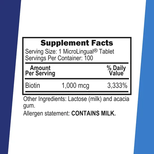 Vista 2 de Superior Source Biotina 1000 mcg. Tabletas microlingües de disolución rápida bajo la lengua, 100 unidades, apoya el crecimiento saludable