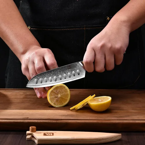 Vista 7 de Klaus Meyer Luxor - Cuchillo Santoku de acero Damasco de 5.5 pulgadas con funda de madera