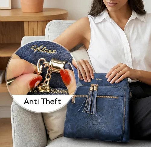 Vista 3 de Bolsos cruzados de cuero para mujer, monederos antirrobo con bloqueo RFID, bolsos de viaje de moda, correa ajustable, borla marrón