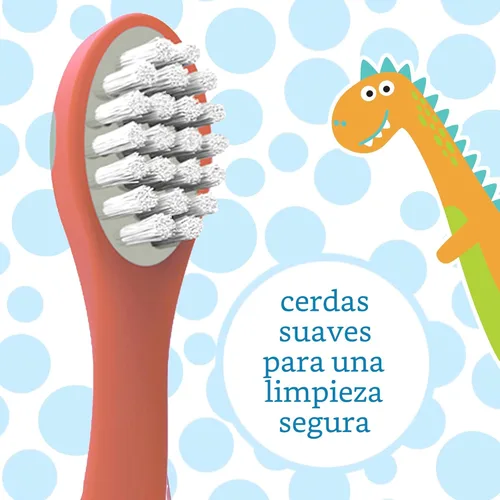 Vista 4 de Dr. Brown's Cepillo de dientes para bebés y niños pequeños, dinosaurio verde y naranja, paquete de 2, 1-4 años