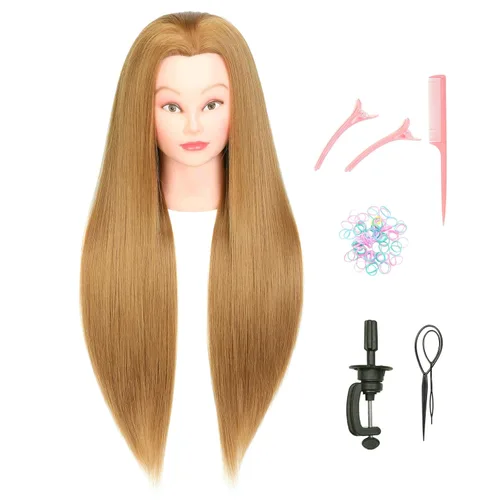 Vista 10 de FUTAI - Cabeza de maniquí de 35 pulgadas con cabello sintético largo multicolor. Muñeca estilo maniquí para practicar trenzado, peinado, recogidos.