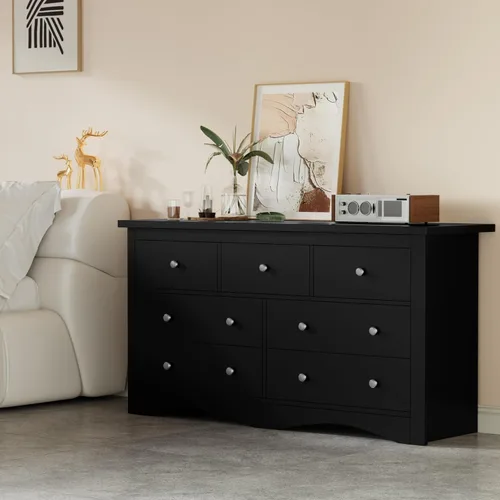 Vista 59 de Furmax Cómoda para dormitorio, 5 cajones de madera, cómoda, para TV de hasta 65 pulgadas, mueble de almacenamiento para TV para pasillo y entrada