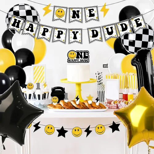 Vista 3 de Whaline 48 globos a cuadros con globos de número uno, guirnalda de globos de número uno, decoración de pasteles para cara sonriente, suministros