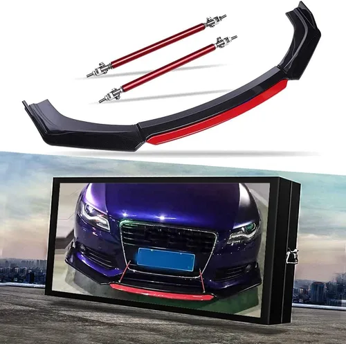Vista 29 de Kit de carrocería con alerón difusor de parachoques delantero universal negro y rojo brillante + barra divisora de soporte ajustable roja + falda