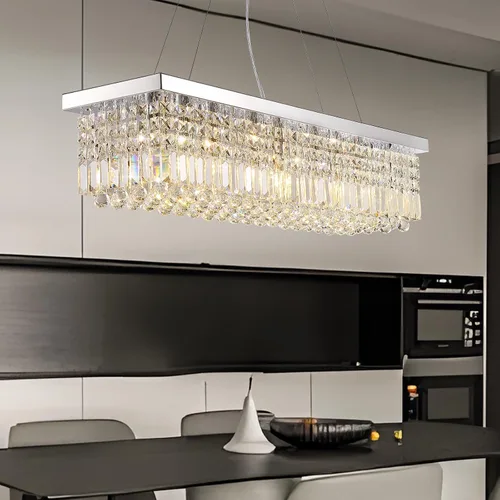 Vista 8 de Candelabros modernos de cristal para comedor, cocina, isla, lámpara rectangular de 8 luces para sala de estar, 39.4 pulgadas de largo, acabado Cromo
