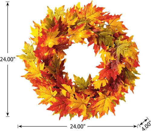 Vista 3 de Glitzhome Corona de hojas de arce preiluminada de 24 pulgadas con temporizador, corona de otoño artificial con luces LED, adorno de otoño
