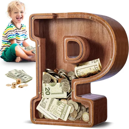 Vista 24 de SummiDate Alcancía de madera de letra para niños y niñas, Alfabeto, regalo de cumpleaños para niños (W)