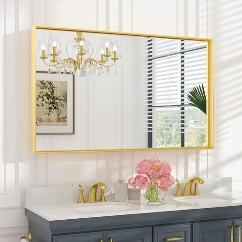 Keonjinn Espejo de baño dorado de 48 x 30 pulgadas, espejo de pared de baño con borde dorado grande cepillado para sobre el fregadero, espejos