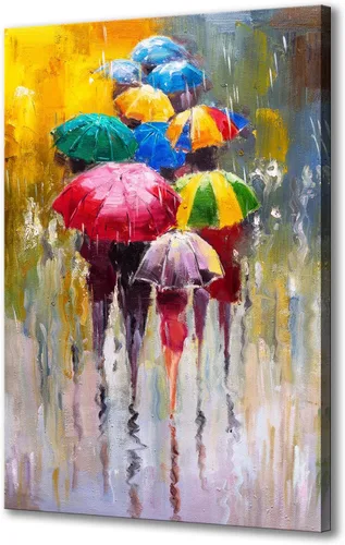 KLVOS Lienzo grande para pared, 24 x 36 pulgadas, paraguas colorido, trabajador de oficina, caminando bajo la lluvia, lienzo pintura al óleo, obras