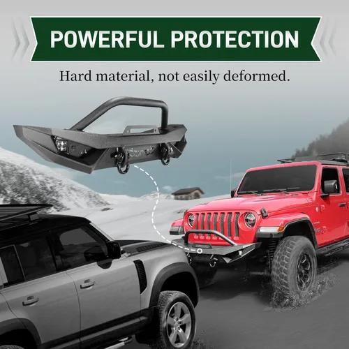 Vista 3 de JROAD Compatible con Jeep Wrangler, parachoques delantero con luces LED, 2 anillos en D, placa de cabrestante, 2018-2025JL y JLU (2/4 puertas)