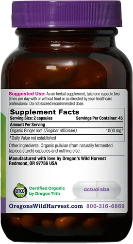 Vista 2 de Oregon's Wild Harvest, Cápsulas de jengibre orgánico certificadas para apoyo estomacal, sin OMG, 1000 MGS, 90