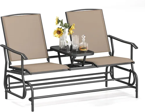 Tangkula Silla mecedora para 2 personas, sofá biplaza mecedora para patio con mesa central de vidrio templado, banco de columpio para exteriores con